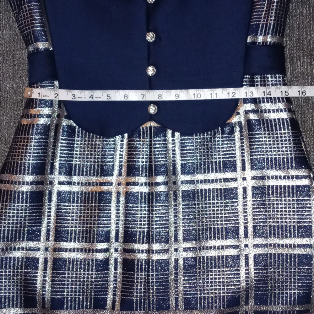 💙VTG 1960s Oscar de la Renta💙 - Navy Silk & Silver Metallic Plaid Mod Dress - Picture 15 of 16